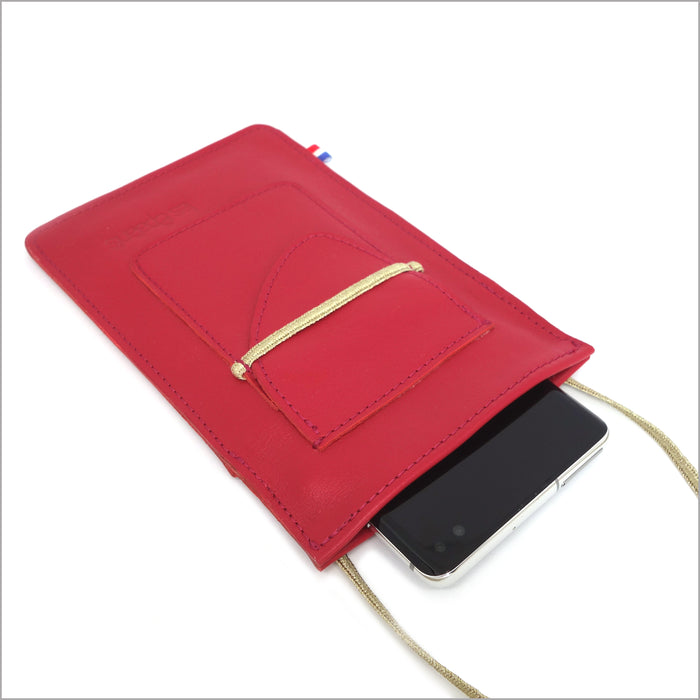 Pochette smartphone en cuir rouge à bandoulière réglable
