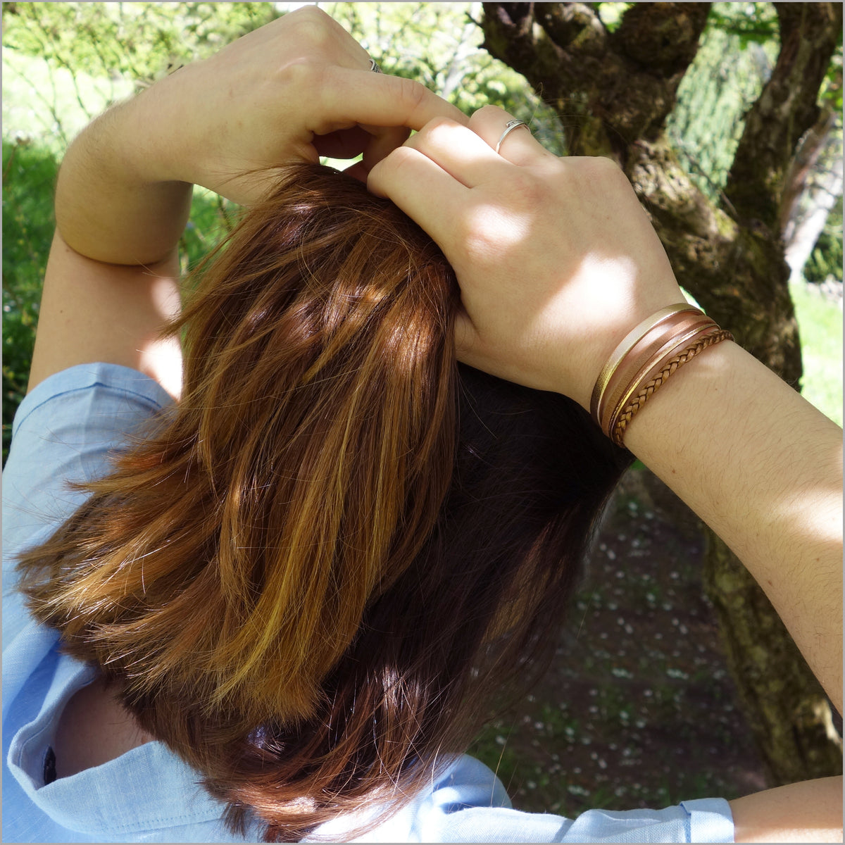 Bracelet femme liens en cuirs tressé cuivre et or rose