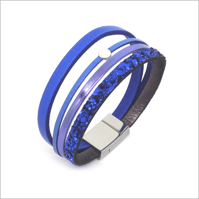 Bracelet manchette femme cuirs bleu royal paillettes