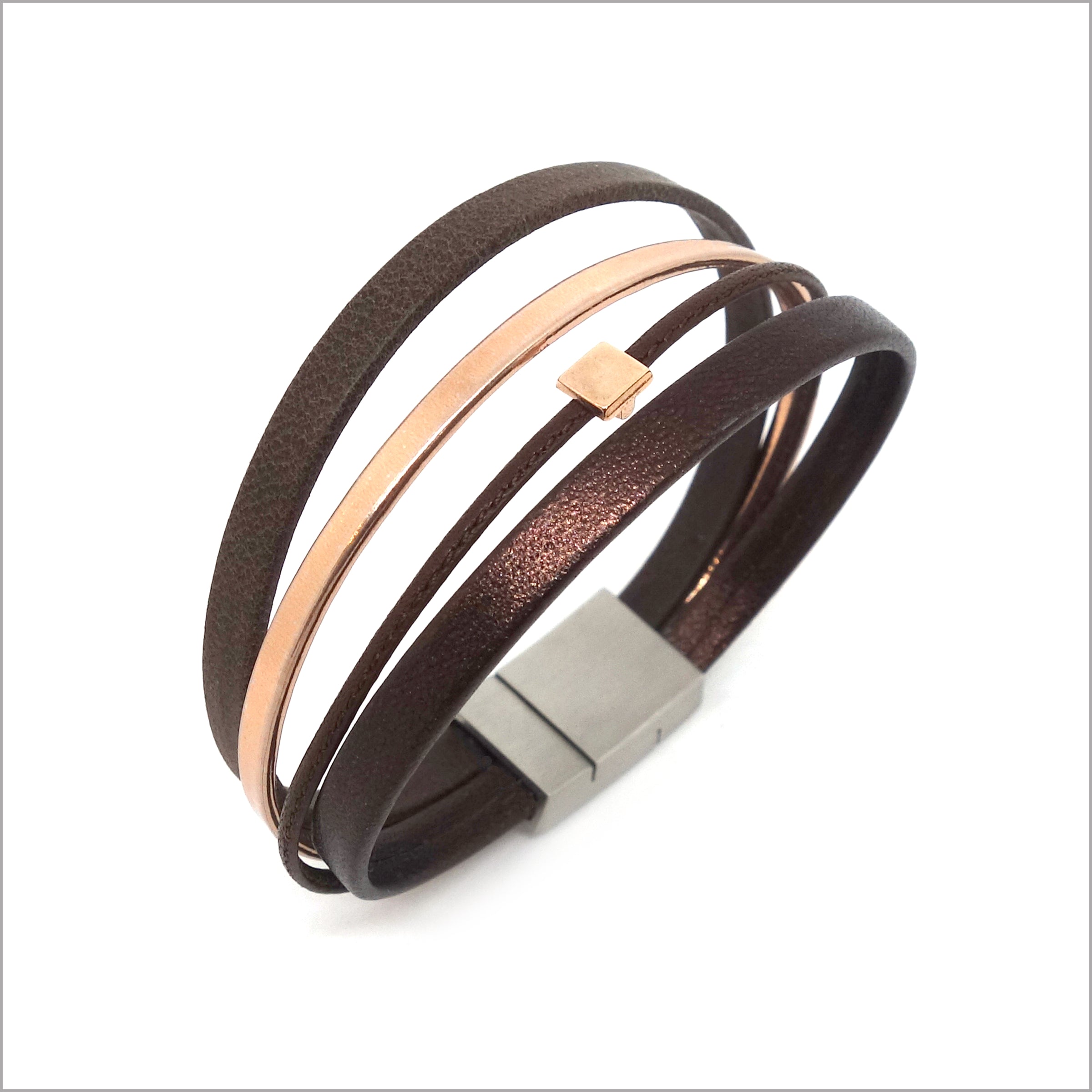 Bracelet manchette cuir femme chocolat et or rose – Les Epatants