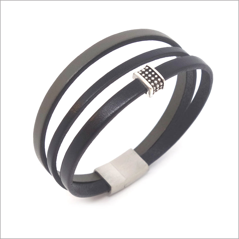 Men's multi-link black and taupe gray leather bracelet with metal loop