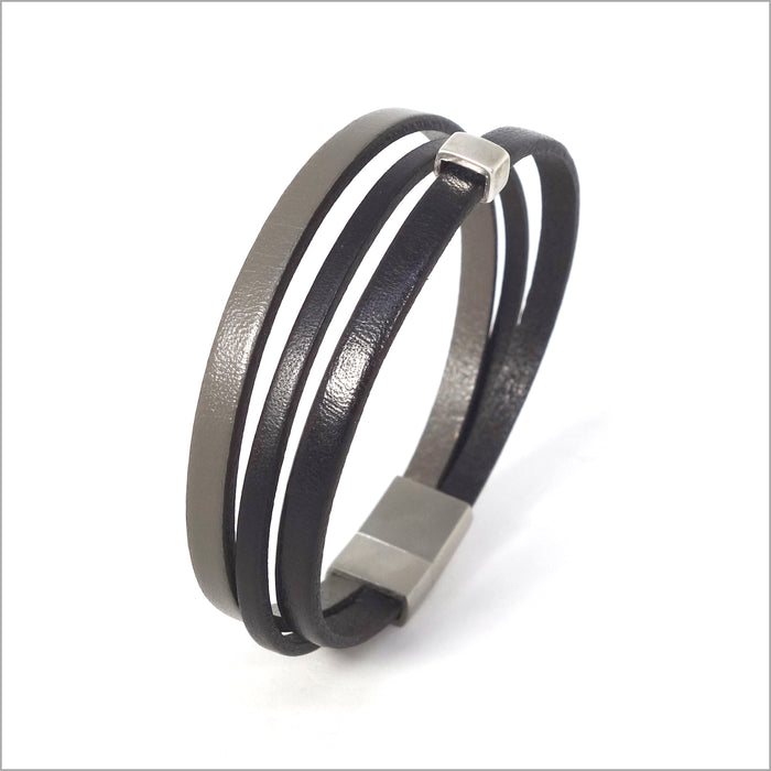 Bracelet homme multi-liens cuirs véritables noir et gris taupe
