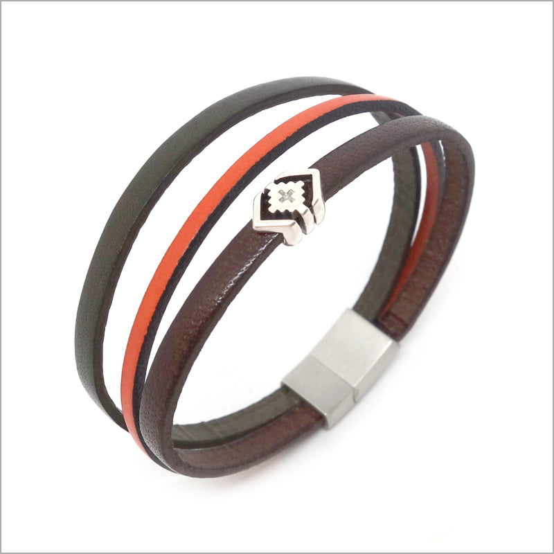 Multi-link bracelet in khaki, orange and brown leather