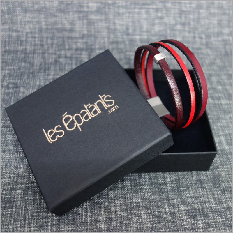 Men's bracelet in red and burgundy leather passing metal