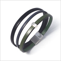 Pulsera de hombre multieslabones de cuero negro y caqui con trabilla de metal