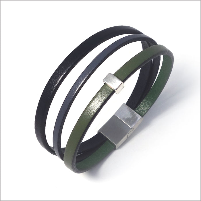 Pulsera de hombre multieslabones de cuero negro y caqui con trabilla de metal