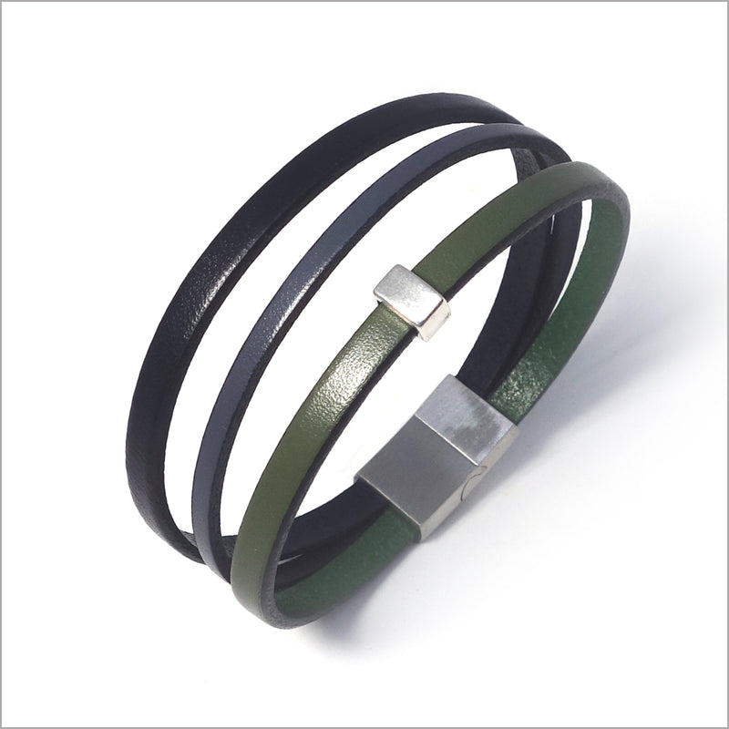 Pulsera de hombre multieslabones de cuero negro y caqui con trabilla de metal