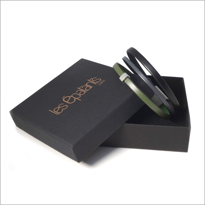 Pulsera de hombre multieslabones de cuero negro y caqui con trabilla de metal