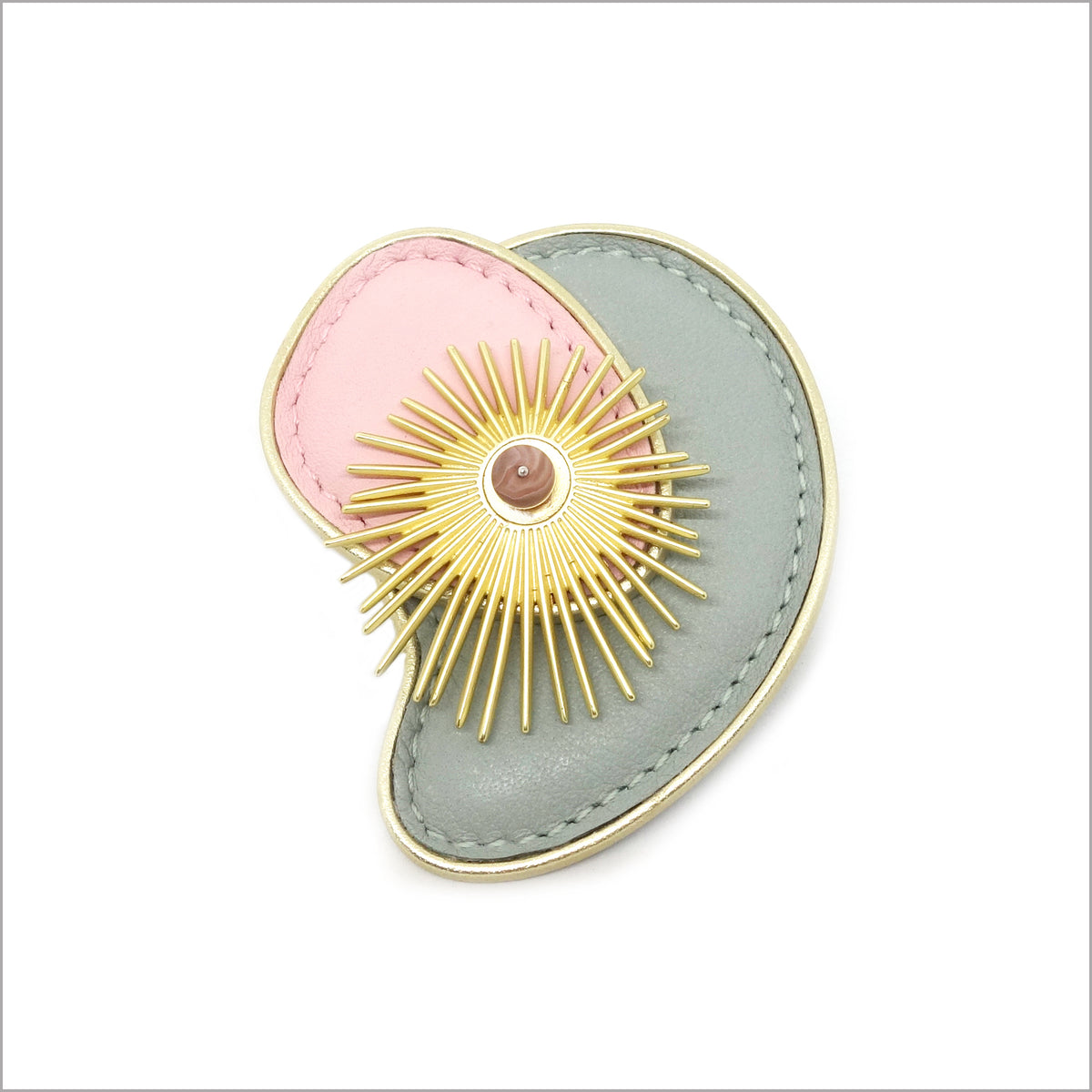 Almond green and pink, sun and agate leather brooch
