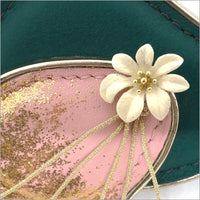 Brazilian green and pink leather brooch, white flower and sequins
