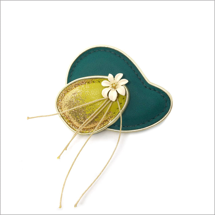 Brazil green and anise green leather brooch, white flower and sequins