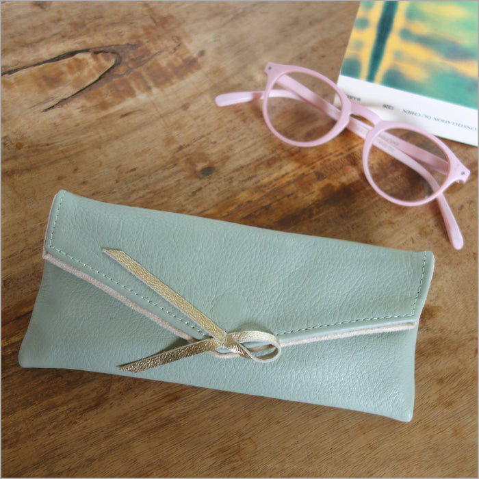 Almond green soft leather glasses case