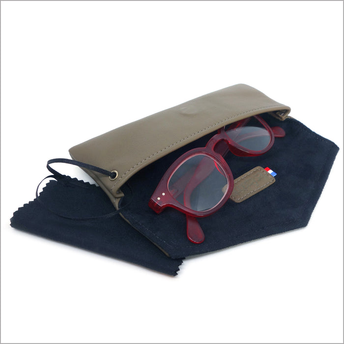 Khaki brown leather soft glasses case