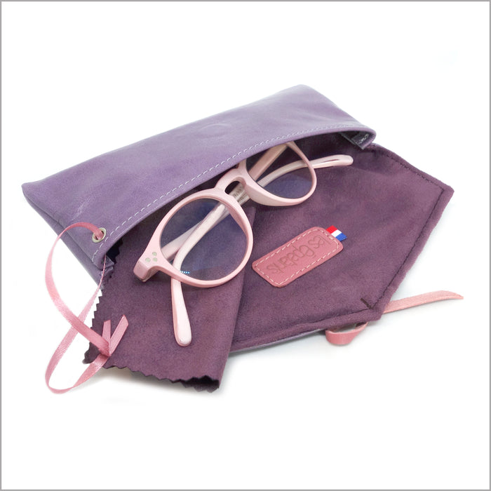 Pochette à lunettes en cuir vintage souple lilas