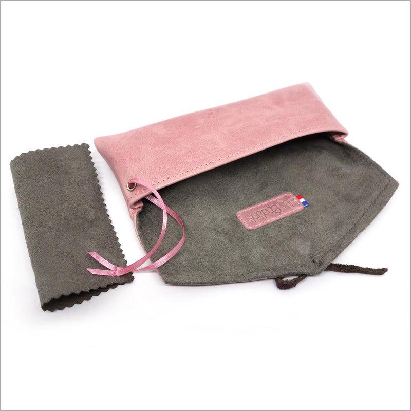 Soft pink leather glasses case