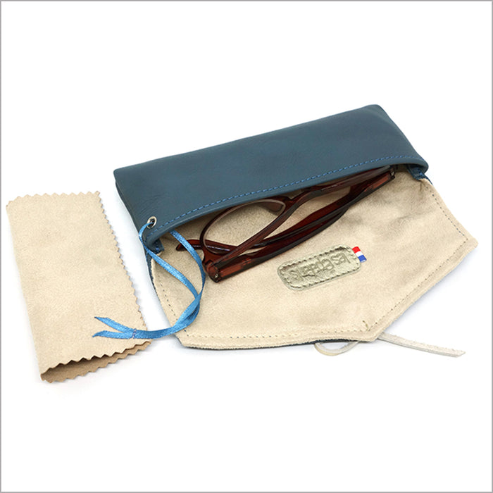 Glasses case in soft slate blue leather