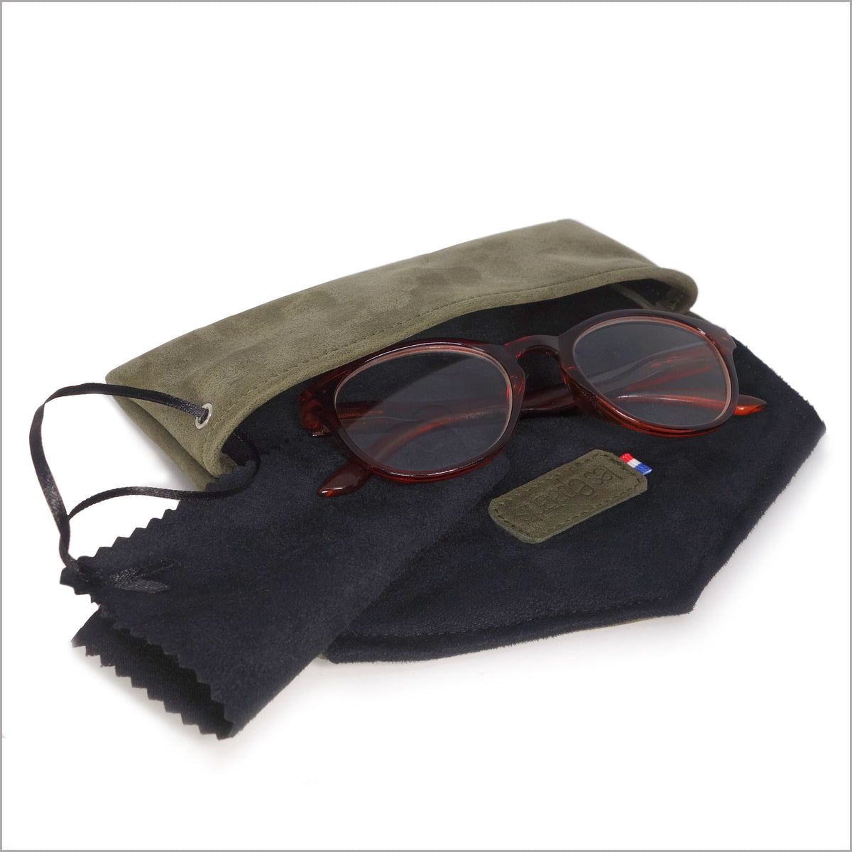 Étui à lunettes unisexe en cuir nubuck souple vert kaki