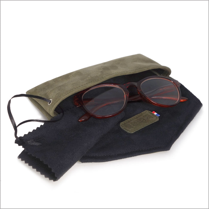 Étui à lunettes unisexe en cuir nubuck souple vert kaki