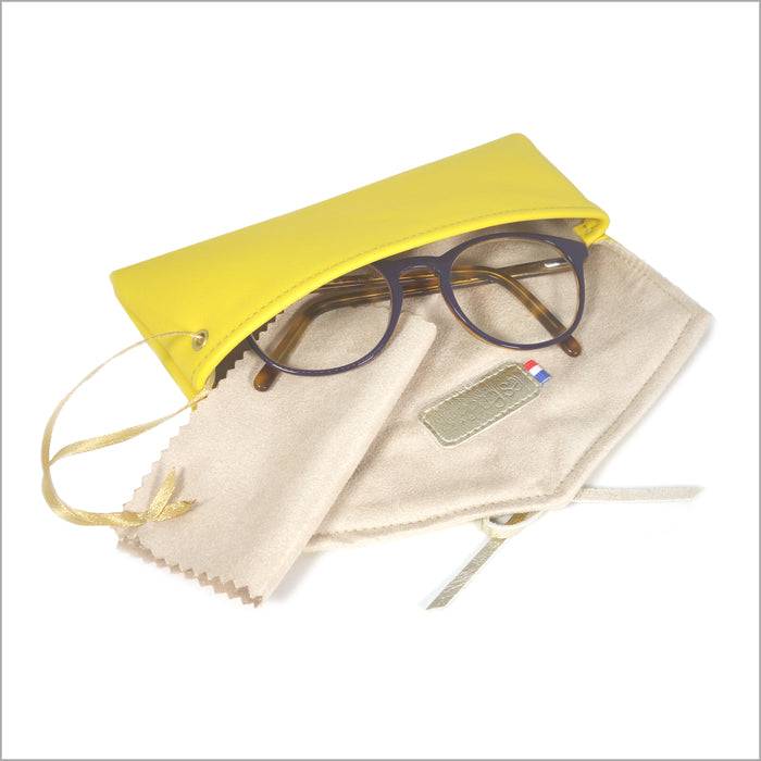 Étui à lunettes de vue ou de soleil en cuir souple jaune mimosa