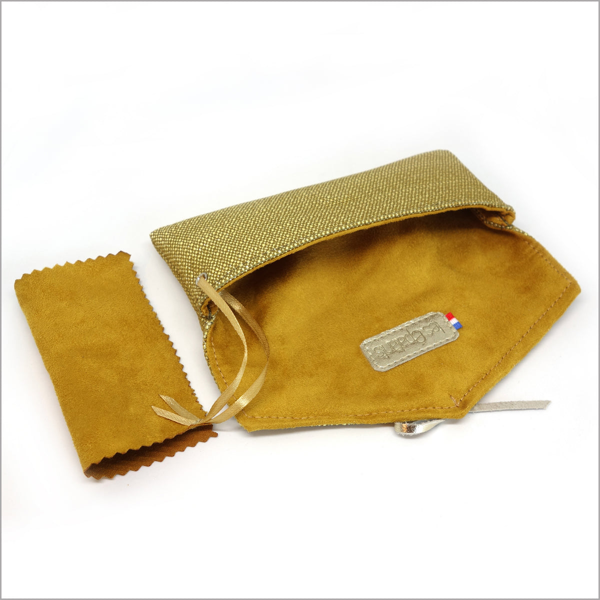 Soft glasses case in mustard yellow linen and silver lurex