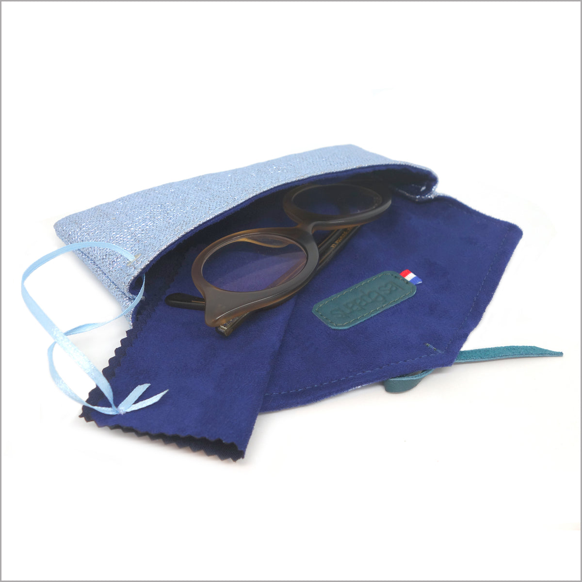 Soft glasses case in shiny blue coated linen