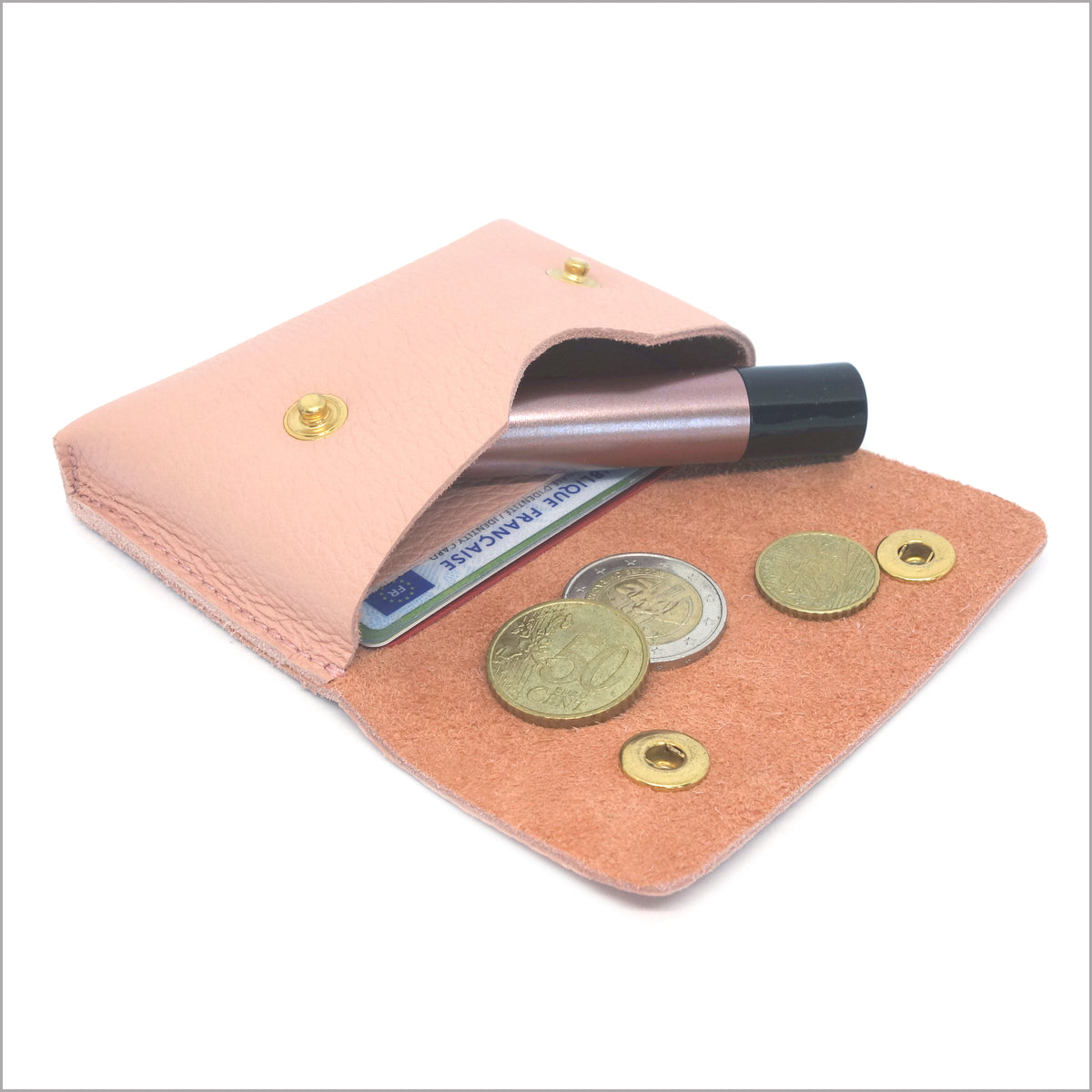 Portemonnaie et porte-cartes en cuir grainé rose nude