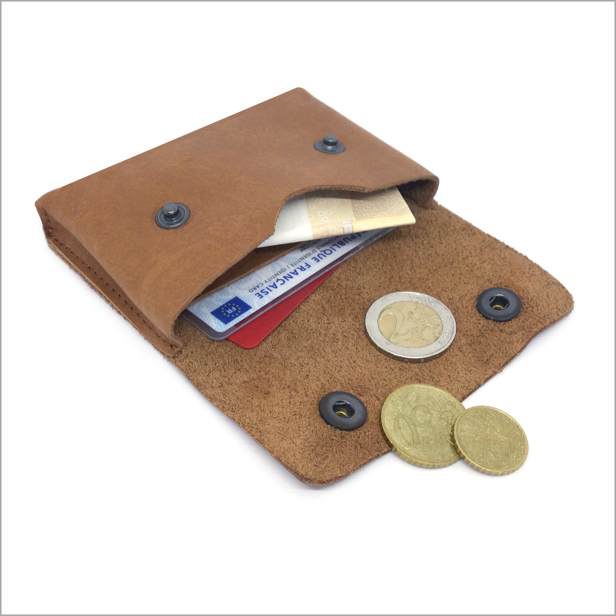 Portemonnaie et porte-cartes en cuir velours camel