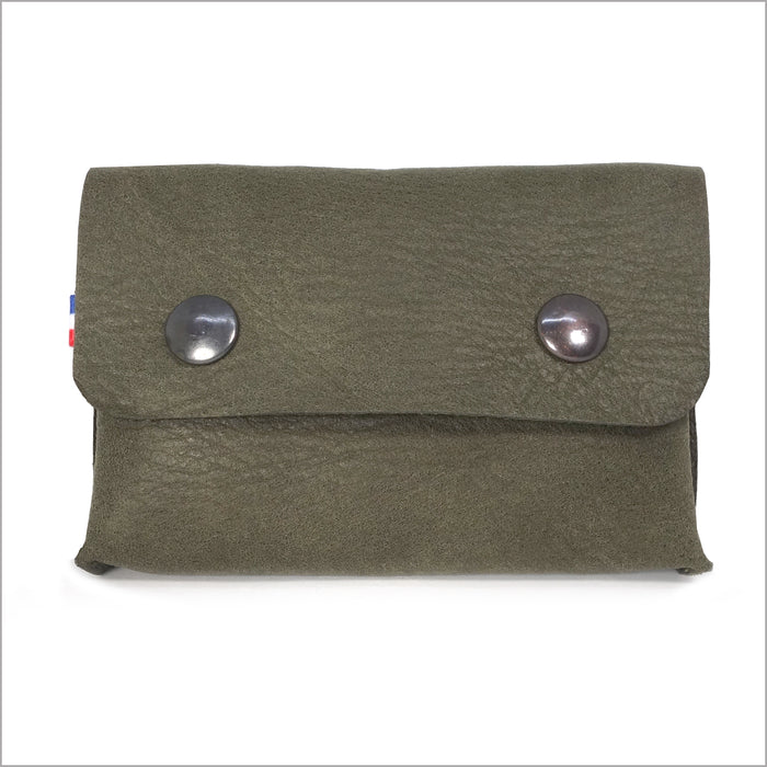 Portemonnaie et porte-cartes en cuir nubuck kaki