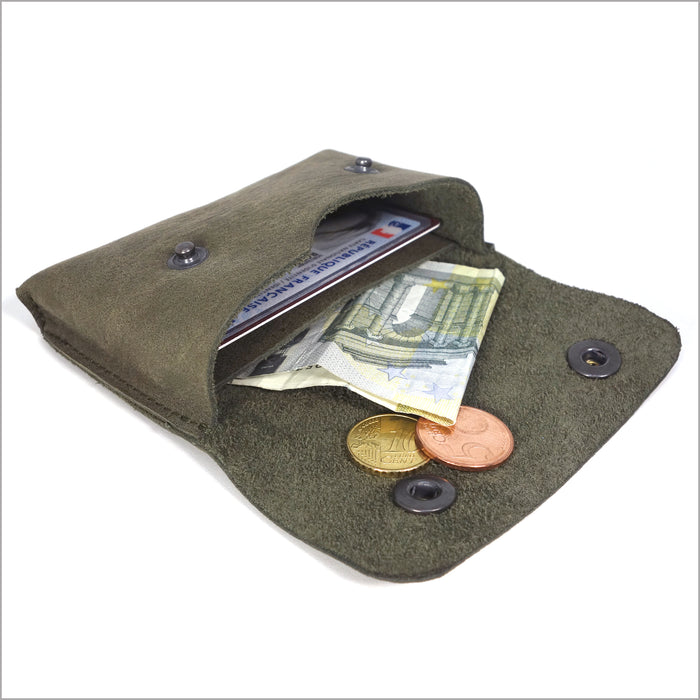 Portemonnaie et porte-cartes en cuir nubuck kaki