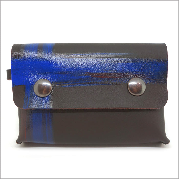 Coin purse and card holder in brown and cobalt blue leather