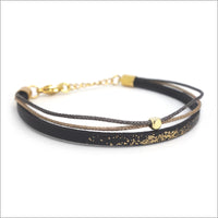 Bracelet artisanal réglable pour femme en cuir, lamé et paillettes peintes à la main