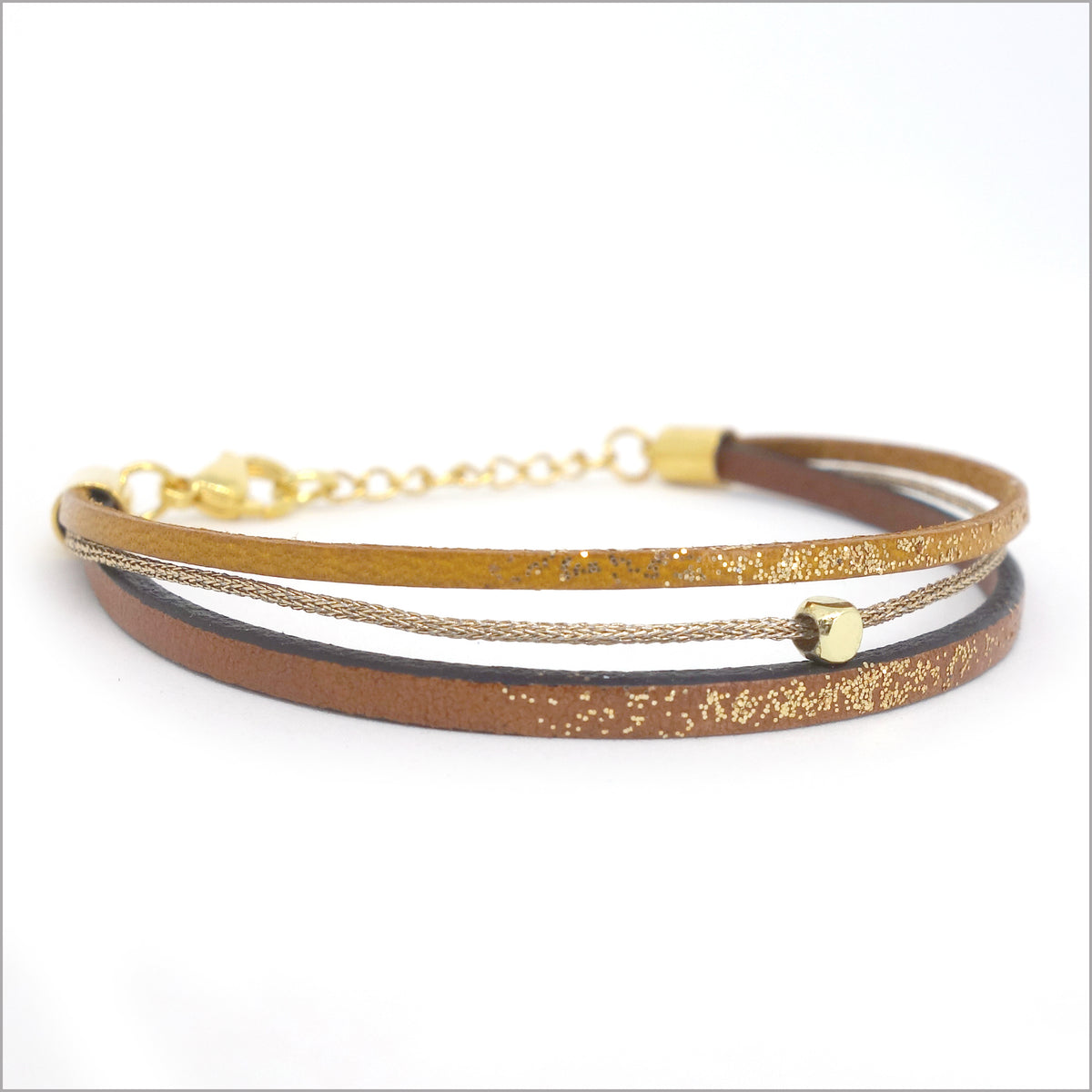 Bracelet artisanal réglable pour femme en cuir, lamé et paillettes peintes à la main