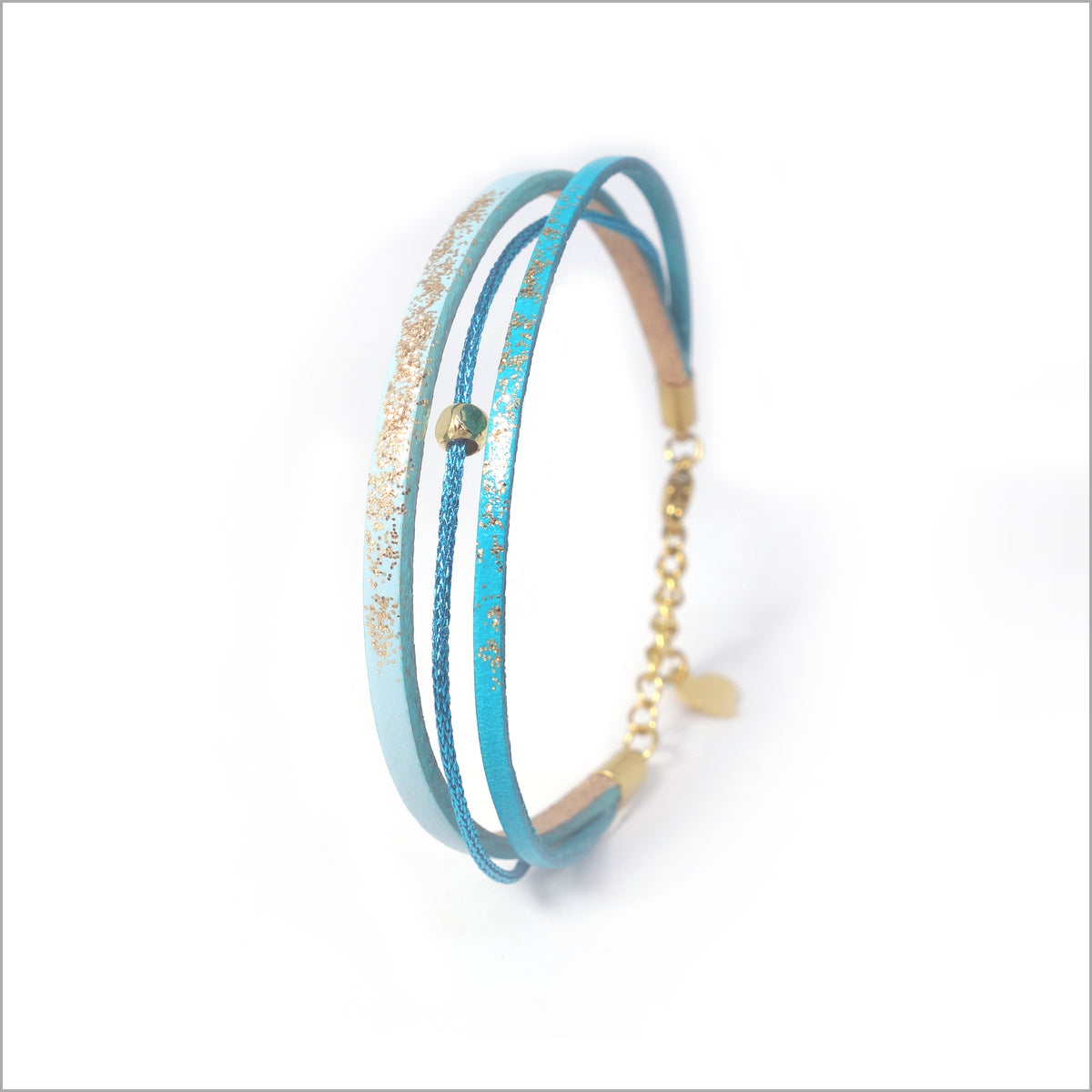 Bracelet artisanal réglable pour femme en cuir, lamé et paillettes peintes à la main