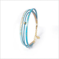 Bracelet artisanal réglable pour femme en cuir, lamé et paillettes peintes à la main