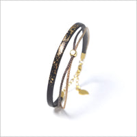 Bracelet artisanal réglable pour femme en cuir, lamé et paillettes peintes à la main