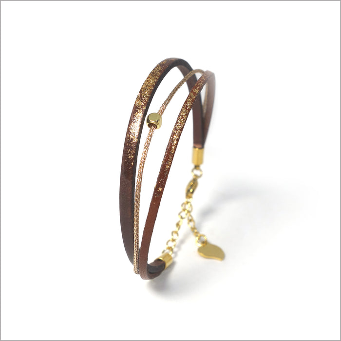 Bracelet artisanal réglable pour femme en cuir, lamé et paillettes peintes à la main