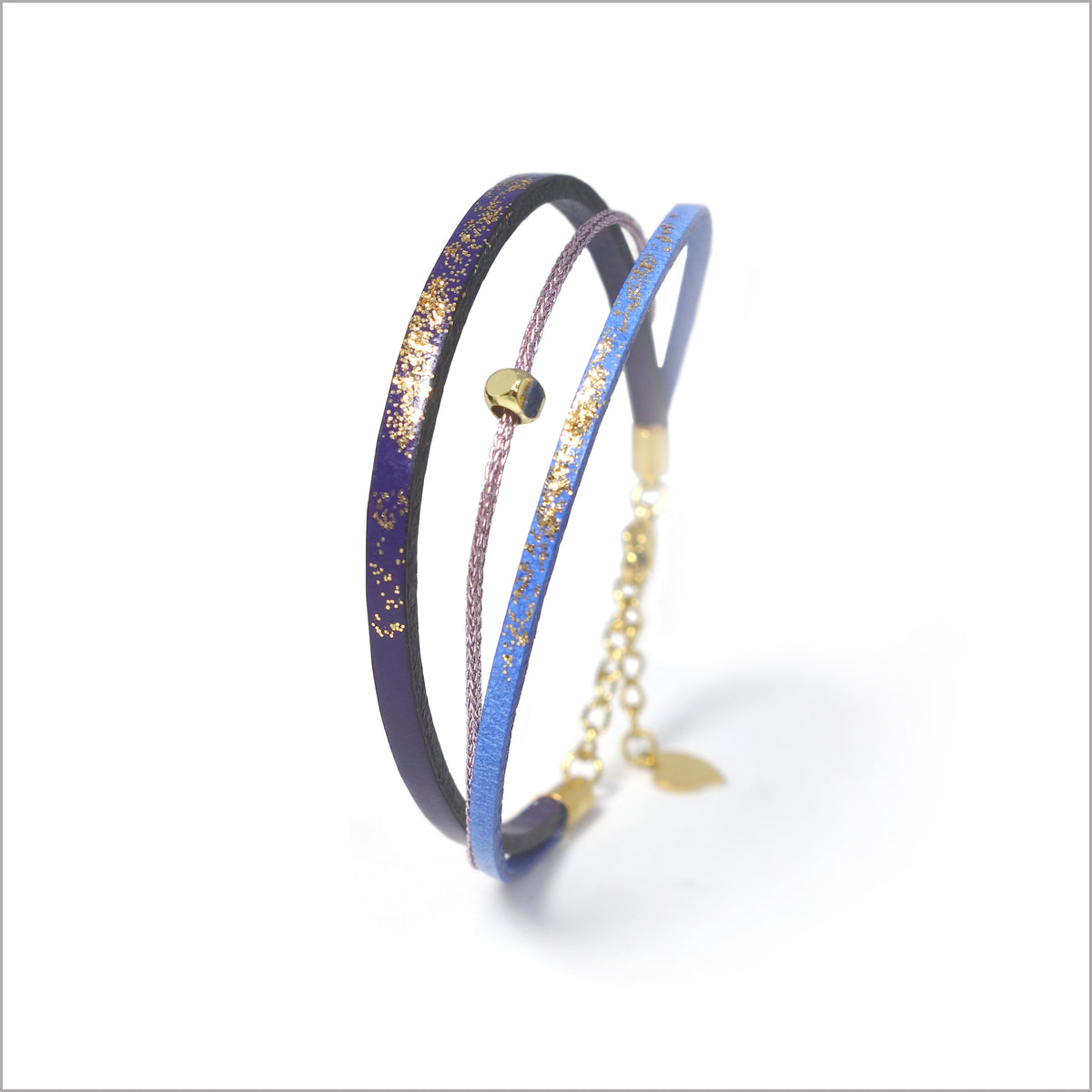 Bracelet artisanal réglable pour femme en cuir, lamé et paillettes peintes à la main