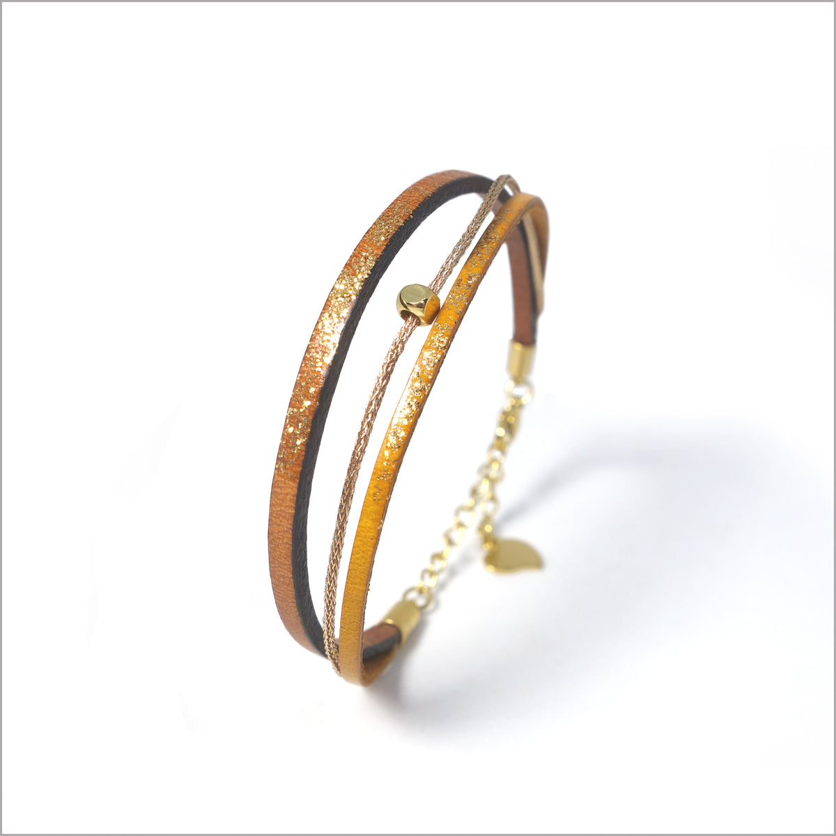 Bracelet artisanal réglable pour femme en cuir, lamé et paillettes peintes à la main