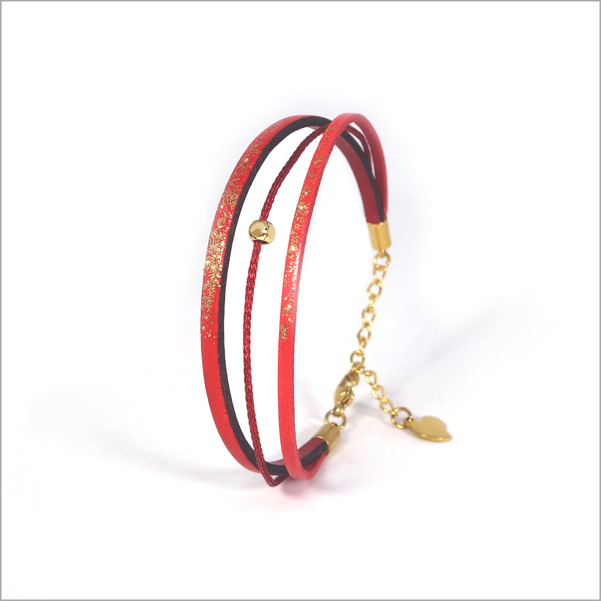 Bracelet artisanal réglable pour femme en cuir, lamé et paillettes peintes à la main