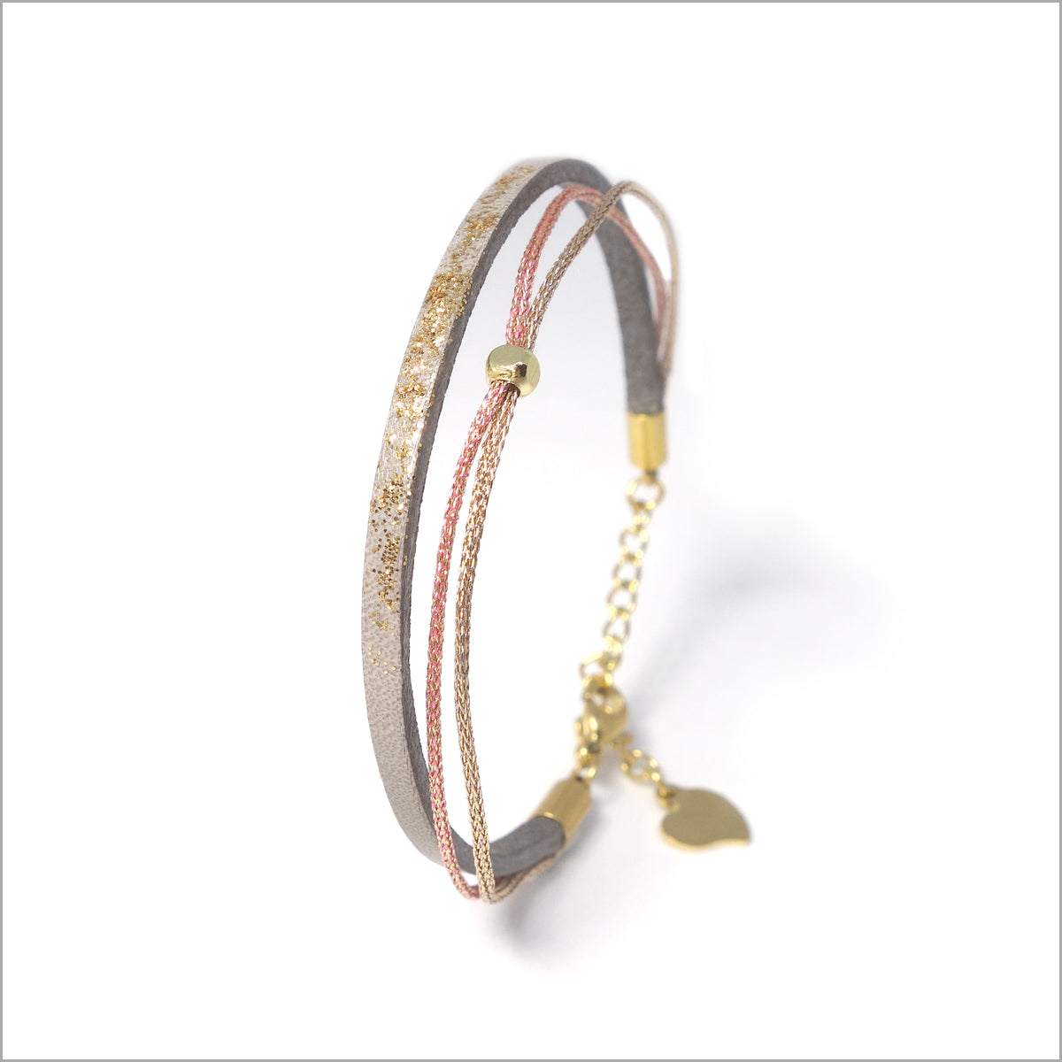 Bracelet artisanal réglable pour femme en cuir, lamé et paillettes peintes à la main