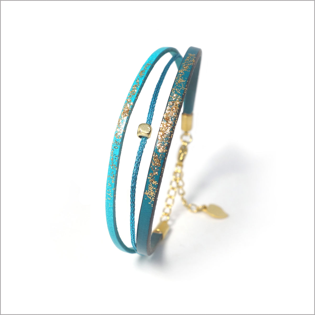 Bracelet artisanal réglable pour femme en cuir, lamé et paillettes peintes à la main