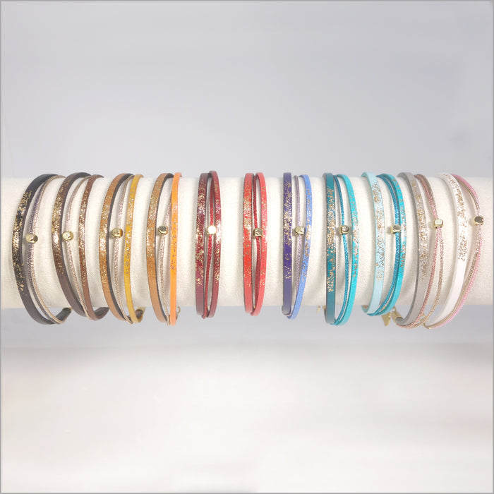 Bracelet artisanal réglable pour femme en cuir, lamé et paillettes peintes à la main