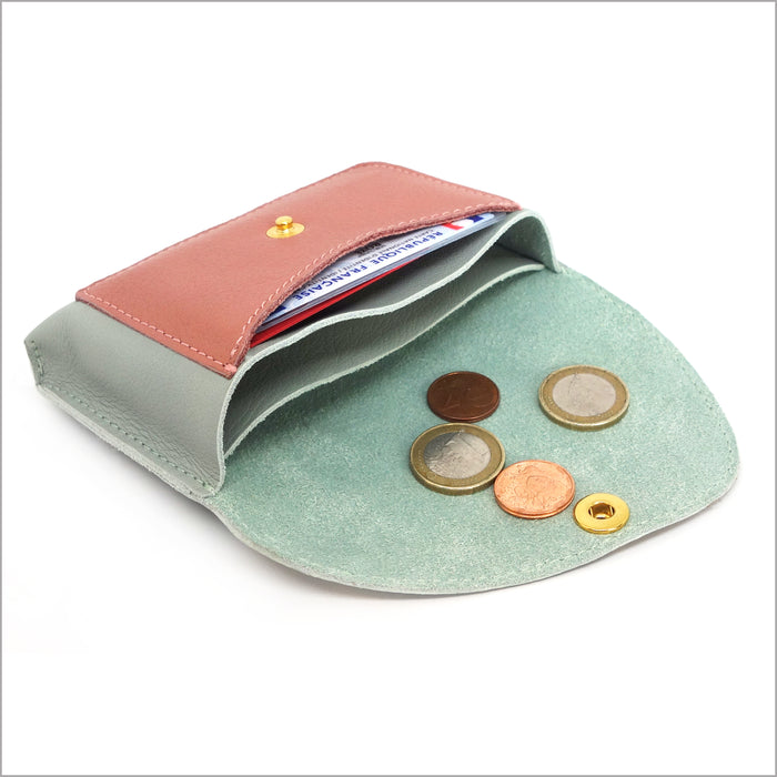 Mini portefeuille à 3 compartiments vert amande et bois de rose