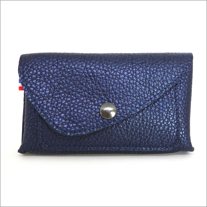 Portefeuille porte-monnaie femme cuir grainé bleu nuit métallisé