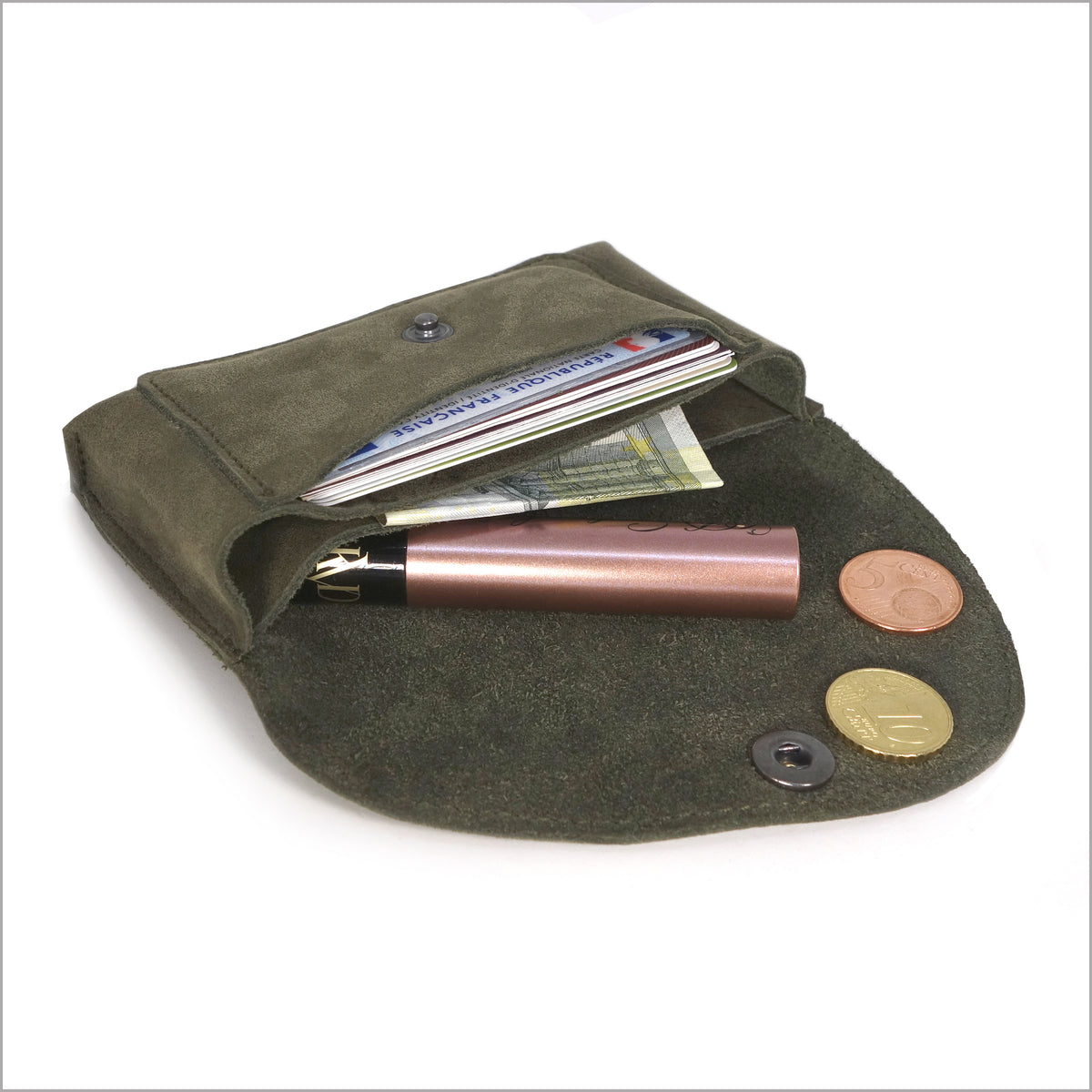 Portefeuille porte-monnaie unisexe cuir velours kaki