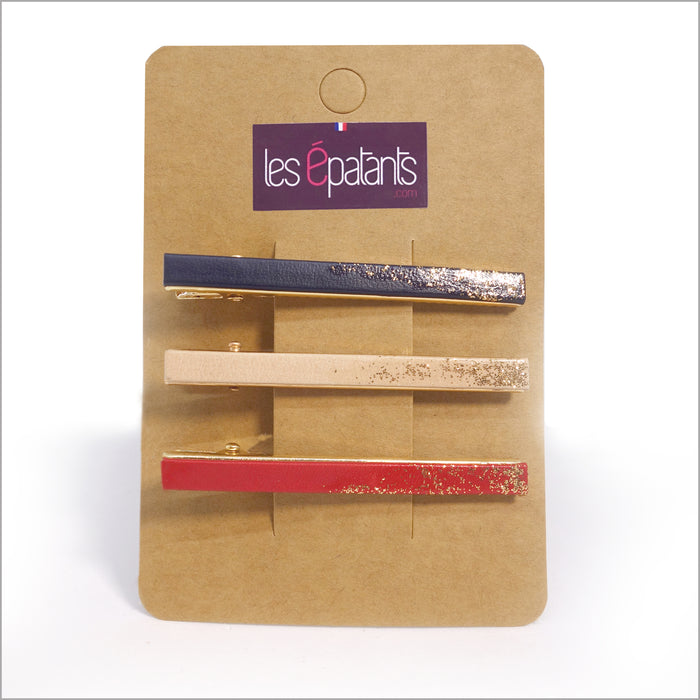 Trio de pinces à cheveux dorées originales en cuir