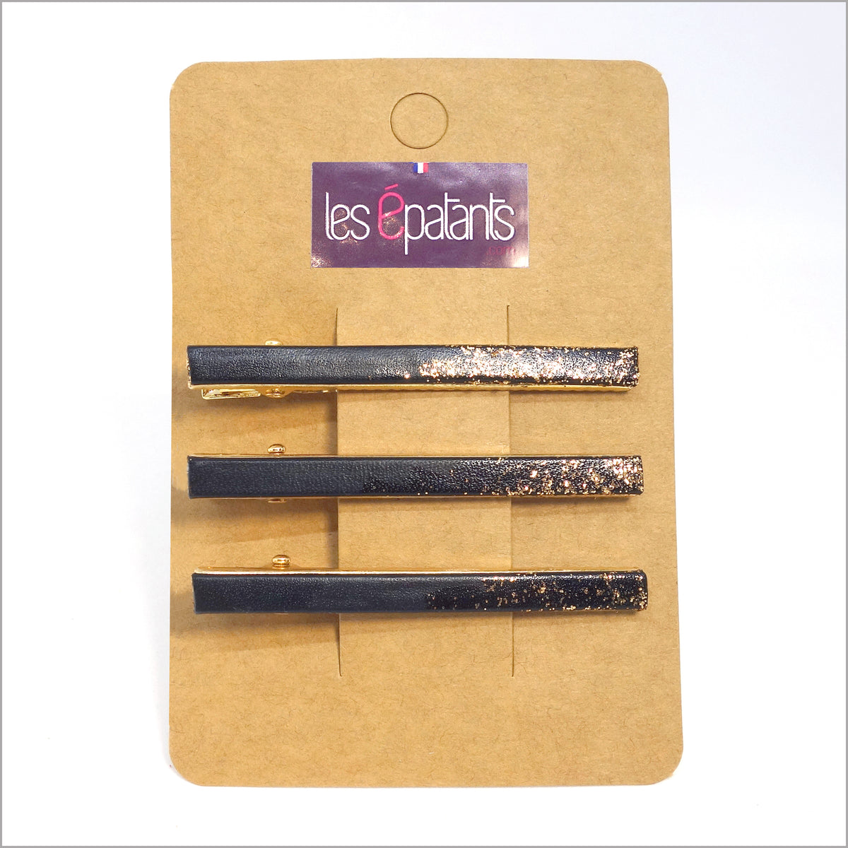 Trio de pinces à cheveux en cuir véritable et paillettes