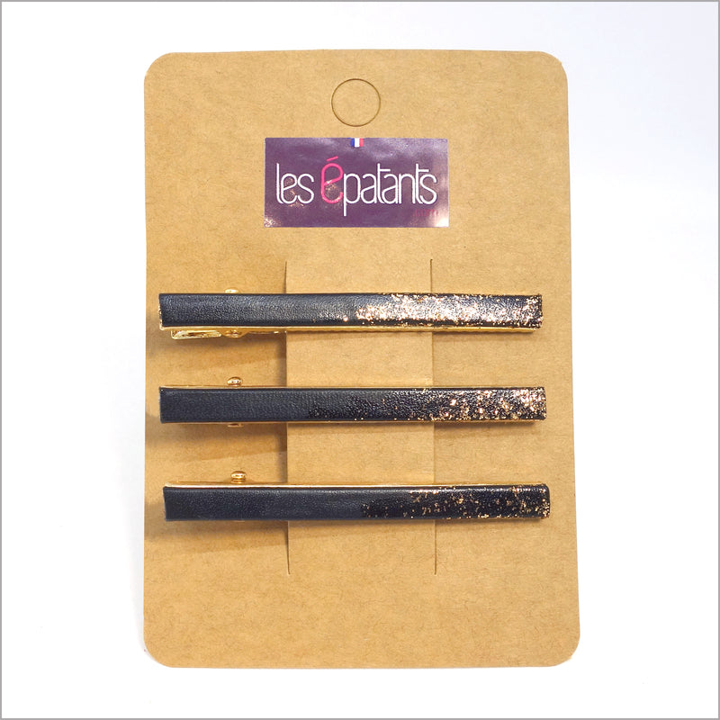 Trio de pinces à cheveux en cuir véritable et paillettes