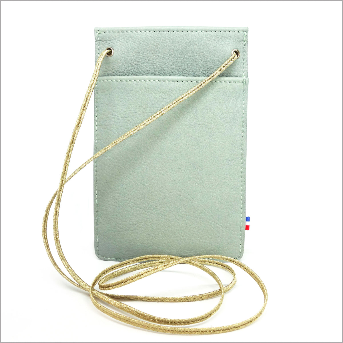Phone pouch in almond green leather with adjustable shoulder strap