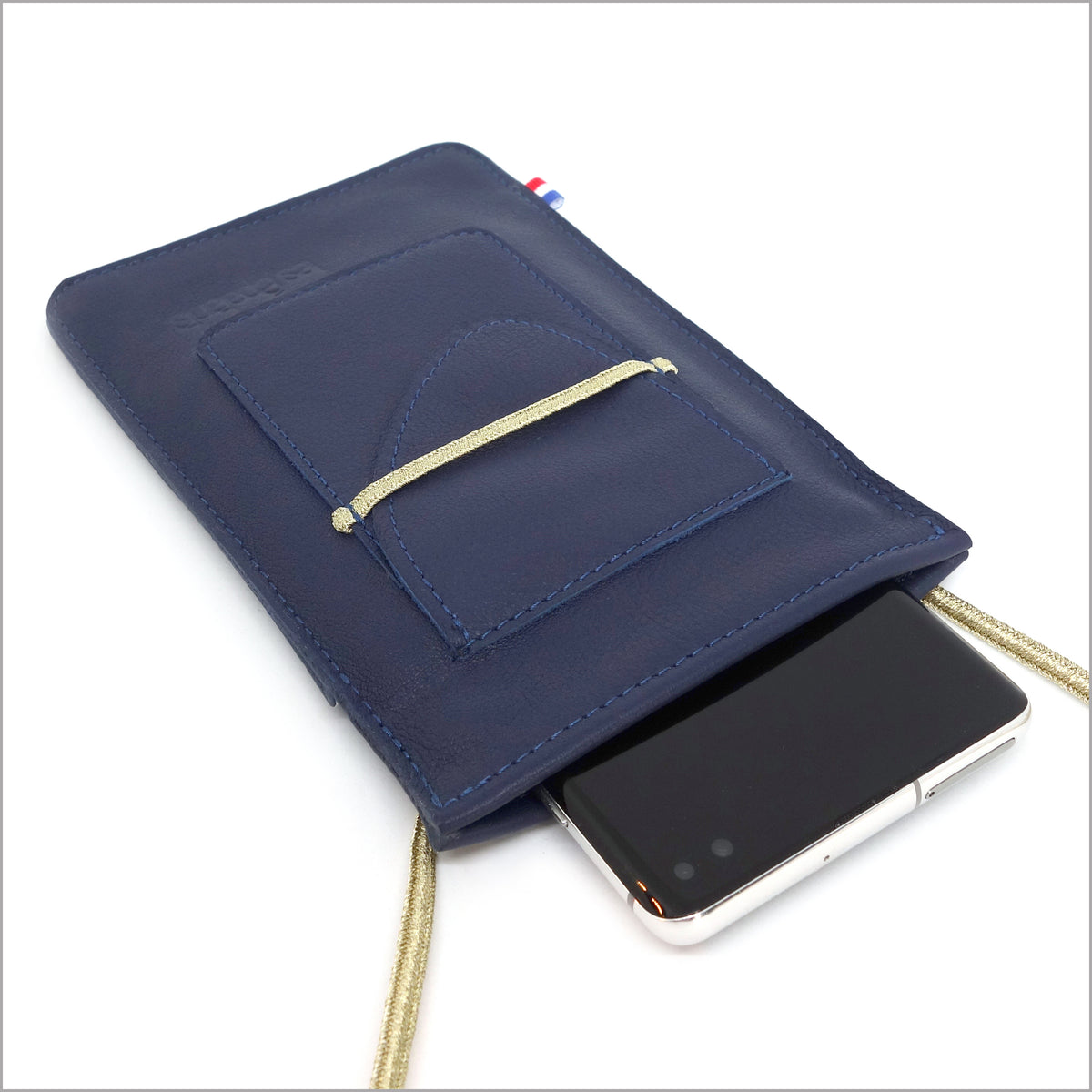 Pochette smartphone en cuir bleu indigo à bandoulière réglable